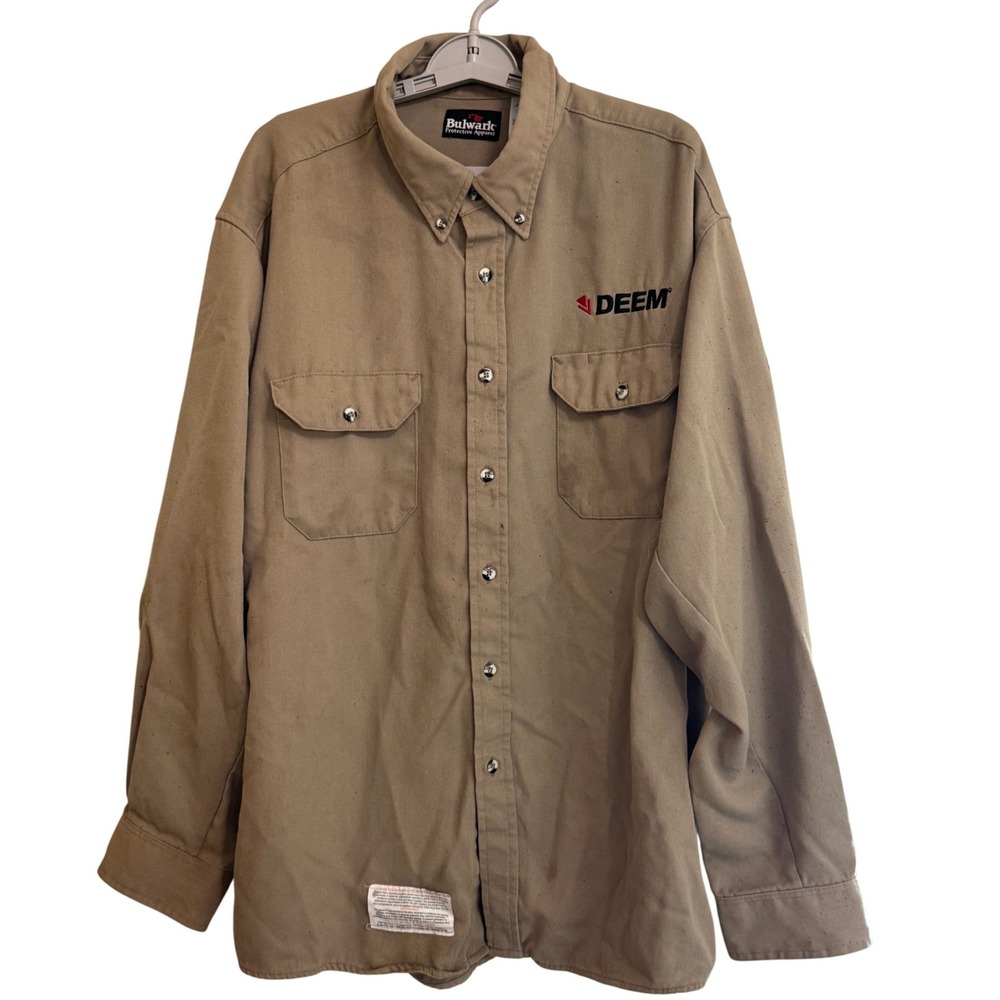 Bulwark FR Work Shirt Mens XXL Khaki Tan Good Flame Resistant CAT2 DEEM Logo